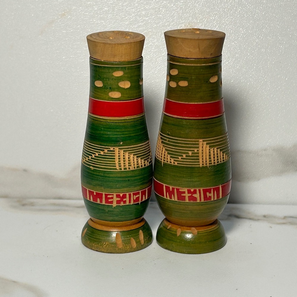 Vintage Mexico Hand Painted Wooden Salt and Pepper Shakers Green Red Folk Art